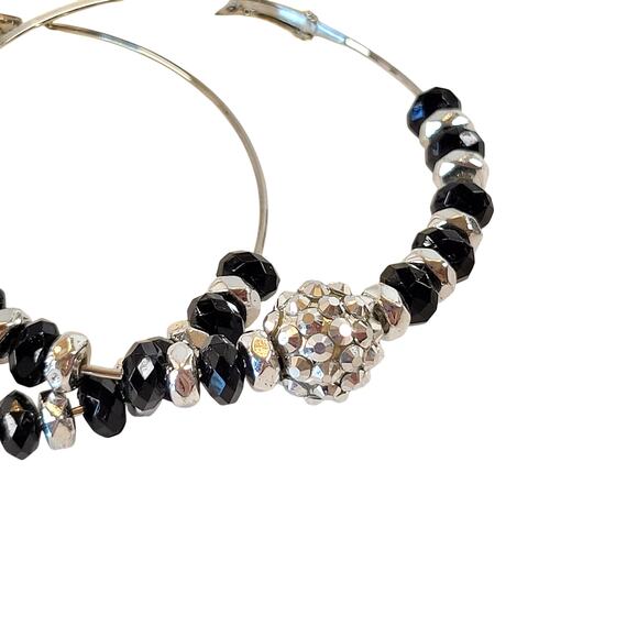 Large Black Beaded Hoop Earrings 3" Silver Tone Rhinestone Accent Pierced Trendy - Picture 5 of 8